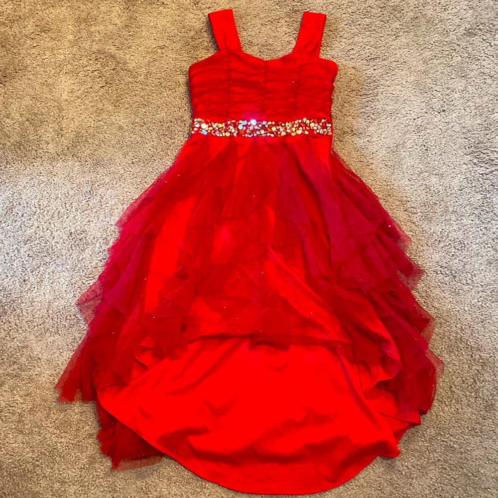 Tween Diva girls red holiday party dress Sz 8 hi lo skirting